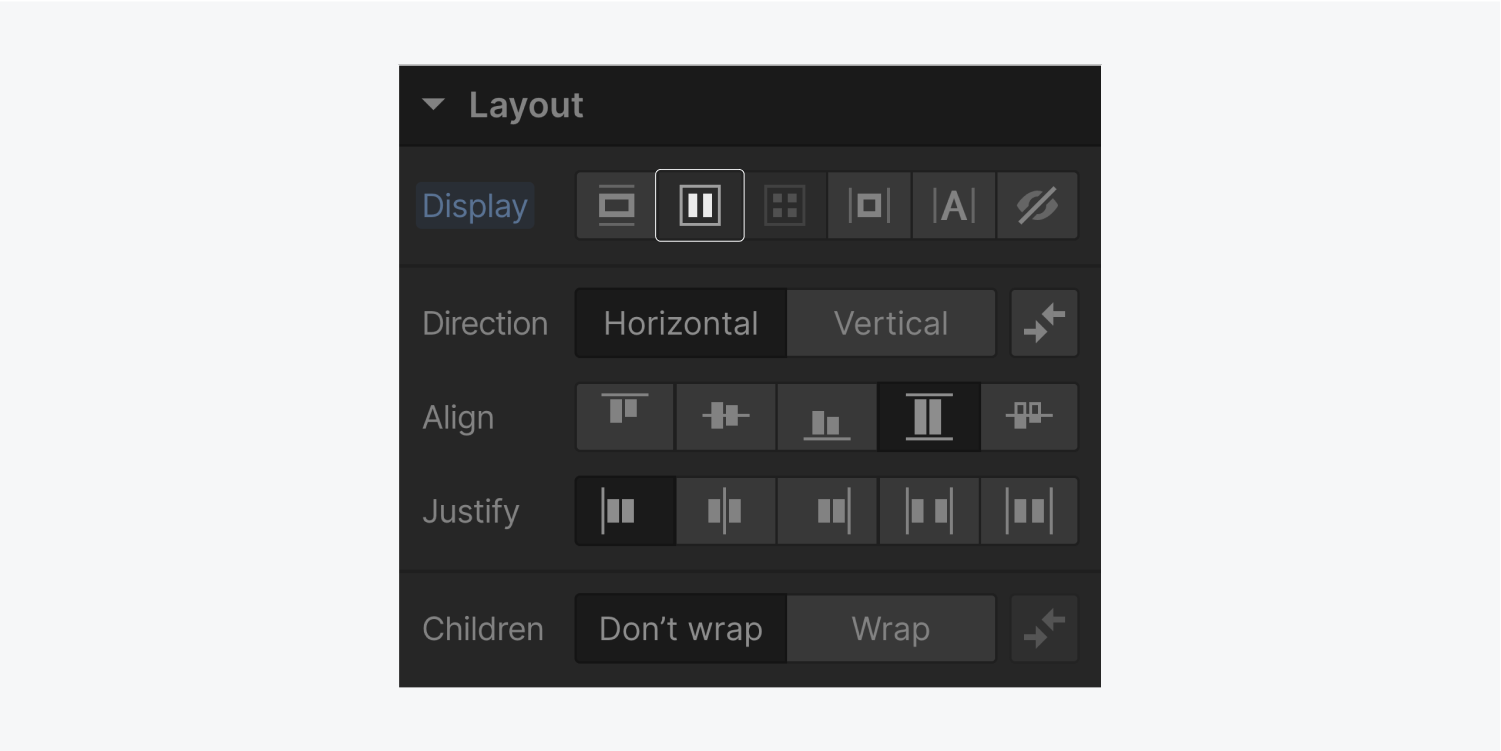 The flexbox button in the display settings is highlighted. The layout section in the style panel also includes settings for direction, align, justify and children when flexbox is selected.