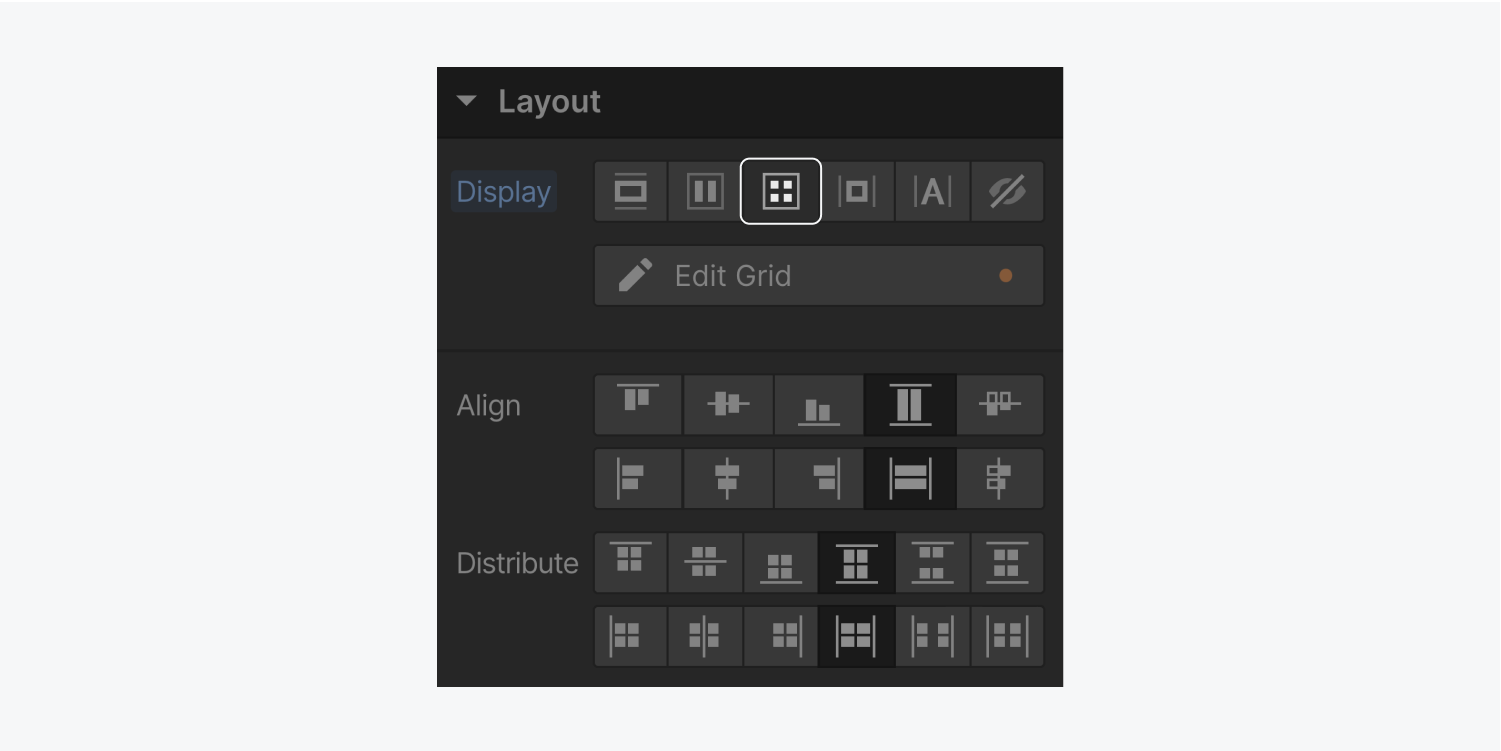 The Grid setting is selected and highlighted in the display settings section. The layout section of the style panel includes an align and distribute section when the Grid display settings is selected.