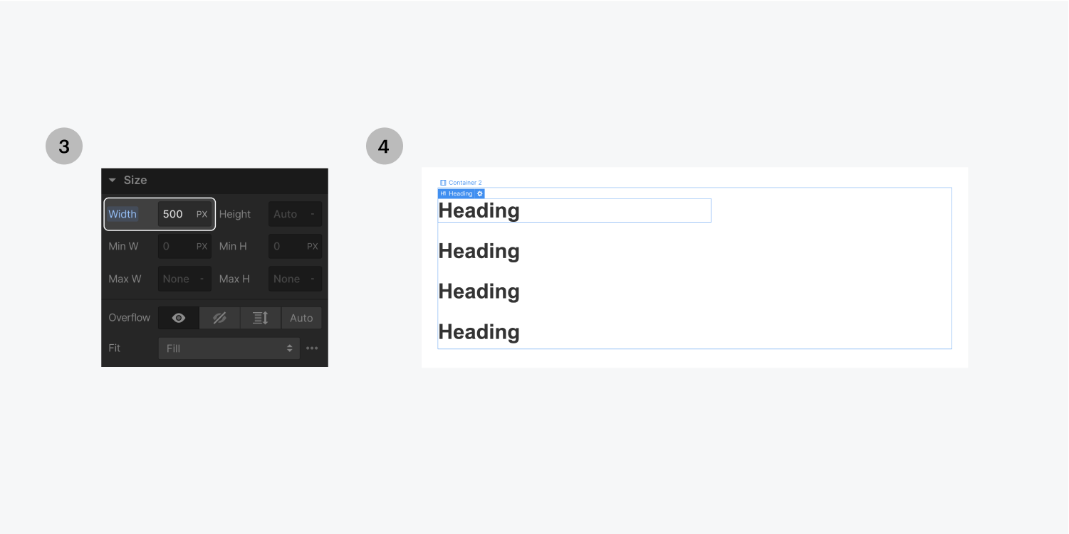 Step three on the left, adjust the width on the size panel for the H1 headings. Step four on the right, the heading elements have wrapped to their own line within the same container. They are no longer immediately next to each other, now they have all moved down to their own line.